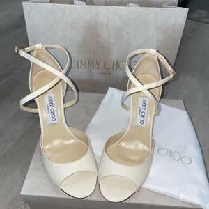 JIMMY CHOO Emsy Peep-Toe Embossed Leather Sandals!